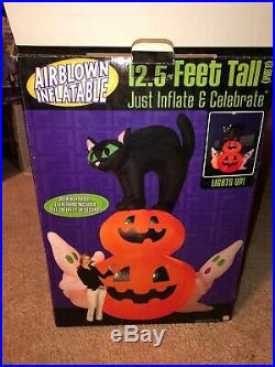 12.5 Ft Airblown Inflatable Gemmy Cat Sitting On Pumpkin Rare Htf Bnib