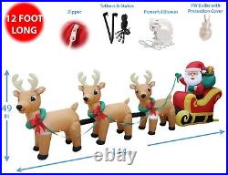 12 Foot Long Christmas Inflatable Santa Claus Reindeer Sleigh Yard Decoration