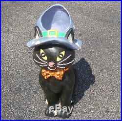 2' Cat Candy Holder Halloween Witch Hat Paper Mache Black Orange Blow Mold Decor