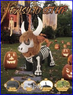 5'10 Halloween Inflatable LED Skeleton Highland Cow with Fur Outdoor Yard Decor