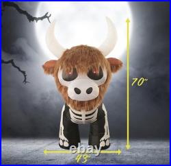 5'10 Halloween Inflatable LED Skeleton Highland Cow with Fur Outdoor Yard Decor
