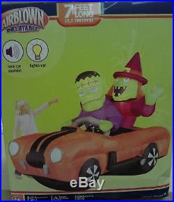 7 FT Airblown Inflatable Witch and Monster in a Orange car with Sound, New