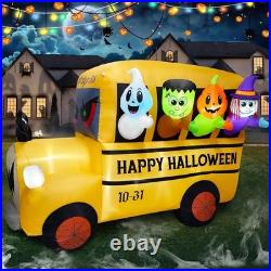 8.1FTLong Halloween Inflatable Ghoul Bus/Built-In 9 Led/Blow Up Bus Lawn Decor