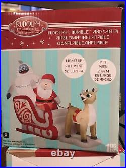 8 Ft RUDOLPH PULLING SANTA & BUMBLE IN SLEIGH Airblown Lighted Yard Inflatable