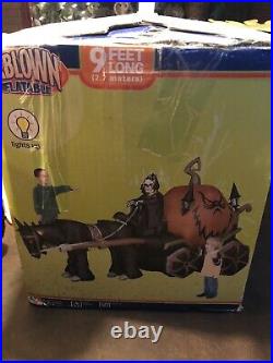 9ft Gemmy Animated Airblown Inflatable Pumpkin Carriage & Skeleton Driver Horse