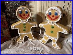 Blow Mold Gingerbread Girl Boy Figures Colored Icing Don Featherstone PAIR