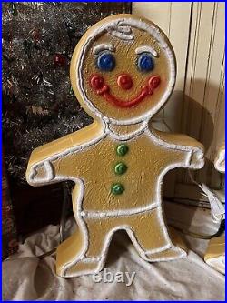 Blow Mold Gingerbread Girl Boy Figures Colored Icing Don Featherstone PAIR