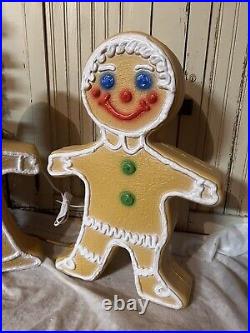 Blow Mold Gingerbread Girl Boy Figures Colored Icing Don Featherstone PAIR