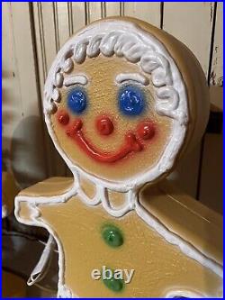 Blow Mold Gingerbread Girl Boy Figures Colored Icing Don Featherstone PAIR