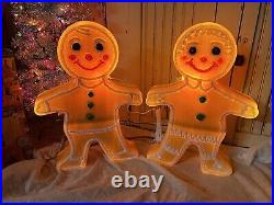 Blow Mold Gingerbread Girl Boy Figures Colored Icing Don Featherstone PAIR