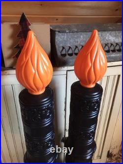 Blow Mold Halloween Candles Haunted House Black Orange Flame Empire Mold PAIR