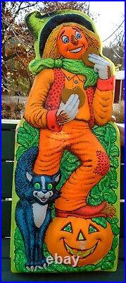 Blow Mold Light Up Scarecrow with Cat & Pumpkin-Rare 1967 Halloween/Thanksgiving