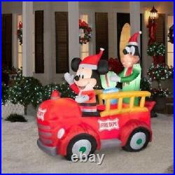 CHRISTMAS SANTA DISNEY MICKEY MOUSE GOOFY FIRE TRUCK Airblown Inflatable GEMMY