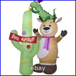 Christmas 6.9' Tall Airblown Inflatable Reindeer And Cactus ¡feliz Navidad