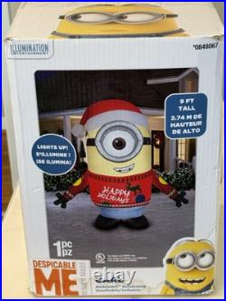 Christmas Gemmy 9 ft Tall Light Up Minion Stuart Happy Holidays Inflatable EUC