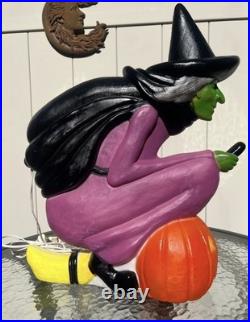 Don Featherstone Vintage Blowmold Purple Witch Riding Broom Light Halloween Deco