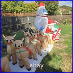 Gemmy 16.5 Ft Rudolph Carrying Santa & Bumble In Sleigh Airblown Inflatable Exc