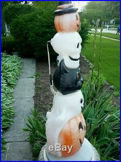 HTF Halloween BlowMold Totem Stack Pumpkin Cat Skull & Ghost Lighted Plastic 32