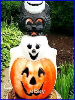 Halloween Blow Mold Lrg. Totem Stack Pumpkin Cat Skull & Ghost Lighted Plastic