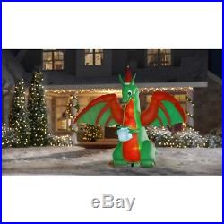 Inflatable Christmas Dragon with Flaming Mouth and Present 8 Feet Tall Magic