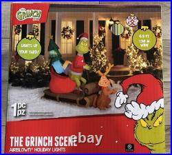 NEW! 6.5ft Grinch & Max Sleigh Christmas Inflatable Self-Inflates Indoor Outdoor