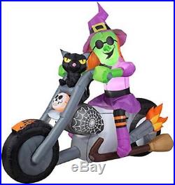 NEW AirBlown Inflatable Halloween Decoration Witch & Cat Riding Motorcycle Gemmy