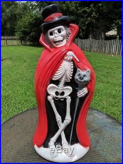 New 33 Halloween Blow Mold Skeleton Man with Cat Cane and Red Cloak