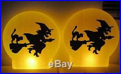 Rare 2 Vtg USA Halloween Blowmold Moon Witch Silhouette 21 Light Lamp Pair Exc
