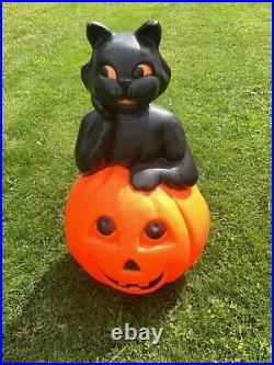 Rare Vintage Halloween Blow Mold Black Cat Sits In A Pumpkin 34 Tall