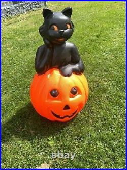 Rare Vintage Halloween Blow Mold Black Cat Sits In A Pumpkin 34 Tall