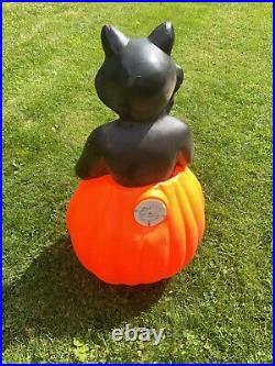 Rare Vintage Halloween Blow Mold Black Cat Sits In A Pumpkin 34 Tall