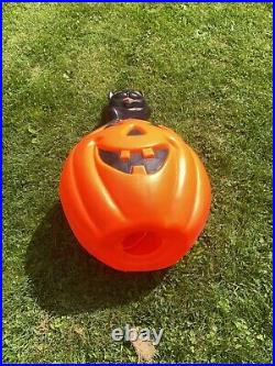 Rare Vintage Halloween Blow Mold Black Cat Sits In A Pumpkin 34 Tall