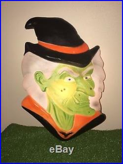 Rare Vintage Halloween Union 19 Green Witch Face Lighted Blow Mold Wall Decor