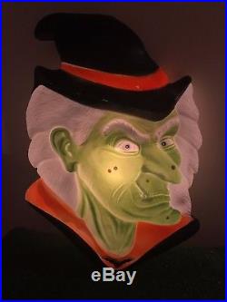 Rare Vintage Halloween Union 19 Green Witch Face Lighted Blow Mold Wall Decor