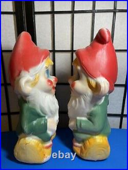 TWO Vintage Poloron 13 Blow Mold Christmas Elf Gnome Figures Sitting on a Log