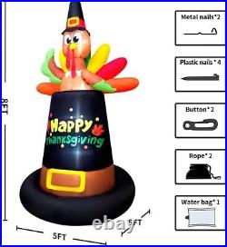 Thanksgiving Turkey Pilgrim Hat Airblown Inflatable Decor LED BlowUp Autumn Fall