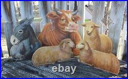 VTG 1950s Plywood Yard Art U-Bild Christmas Nativity Animals 4 Pc Lamb Ox Donkey