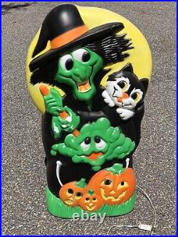 VTG Halloween Sunhill Double sided Blow Mold Witch Ghost Cat Pumpkin Witch Tomb