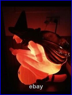 Vint Blow Mold Witch Pumpkin on Broom Light 20 Halloween Don Featherstone