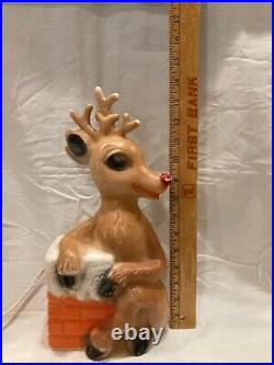 Vintage 14 Blow Mold RUDOLPH Red Nose REINDEER Chimney Christmas Decor RARE