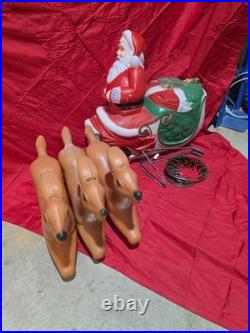 Vintage Blow Mold Santa Sleigh with 3 Reindeer Working Complete Set SHIPS FREE