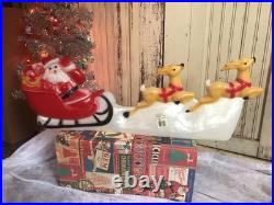 Vintage Christmas Blow Mold Lighted Santa Sled Set New Old Stock Union 31 Long