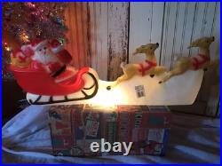 Vintage Christmas Blow Mold Lighted Santa Sled Set New Old Stock Union 31 Long