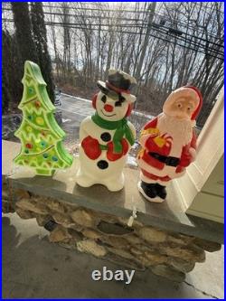 Vintage Christmas Decoration Blow Mold Santa Claus Snowman And Tree