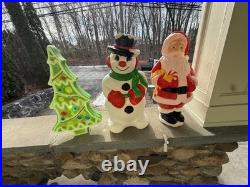 Vintage Christmas Decoration Blow Mold Santa Claus Snowman And Tree