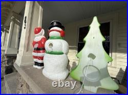 Vintage Christmas Decoration Blow Mold Santa Claus Snowman And Tree