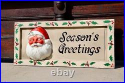 Vintage Christmas Light Blow Mold Santa Face Head Seasons Greetings Wood Sign