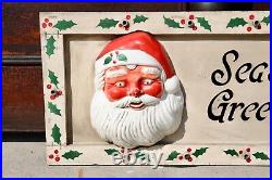 Vintage Christmas Light Blow Mold Santa Face Head Seasons Greetings Wood Sign