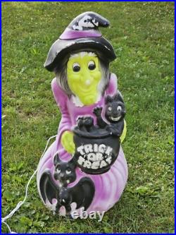 Vintage General Foam 34 Witch Halloween Lighted Blow Mold Cauldron, Cat & Bat