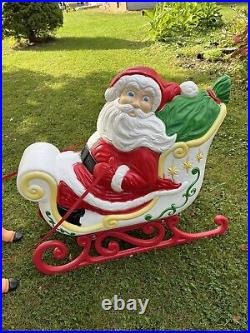 Vintage Grand Venture Lighted Santa In Sleigh & 5 Reindeer Christmas Blowmolds